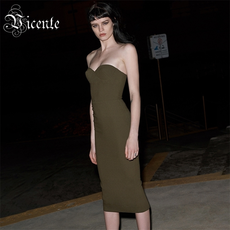 

Chic Olive Green Dress Sexy Strapless Sleeveless Celebrity Party Club Bandage Vestido 210520