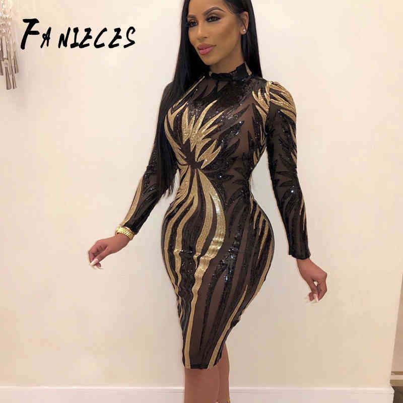 

Ins fashion Mesh Sexy nightclub Dress Wrap Long Sleeve Bodycon Midi Party runway Dresses Women Autumn Clothes robe hiver femme 210520, Khaki