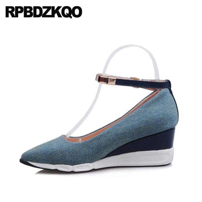 

Dress Shoes Pointed Toe Designer Medium Heels Blue Pumps 2021 Size 4 34 Metal Ladies Denim Ankle Strap Canvas Wedge Casual, Black