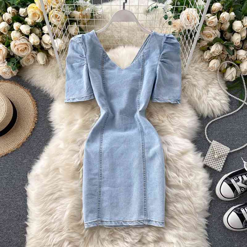 

Women Vintage Dress Fashion Sexy V Neck Slim Bodycon es Summer Backless Short Denim Robe Prom-dresses 210602, Sky blue