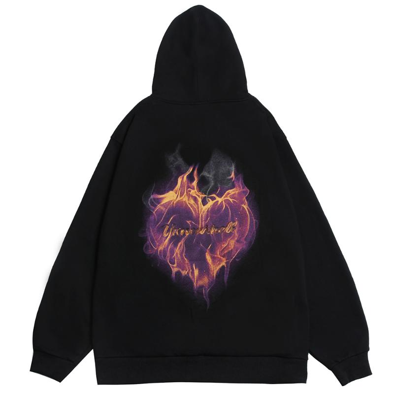 

Men's Hoodies & Sweatshirts Harajuku Flame Fire Heart Printed Vintage Men Winter Hip Hop Hoodie Sweatshirt Cotton Japanese Streetwear, Black