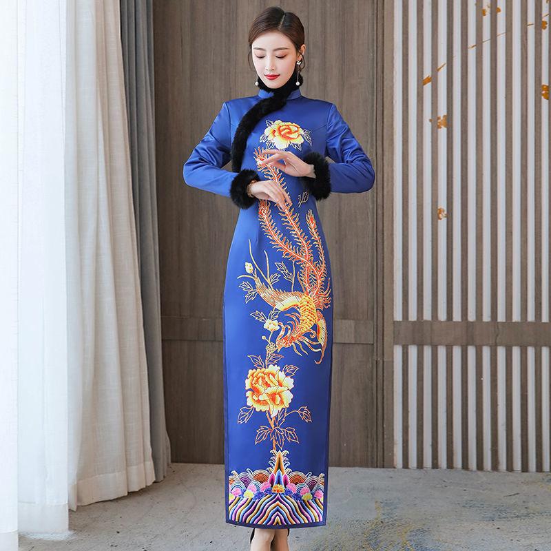 

Ethnic Clothing High-end Slim Long Qipao Print Chinese Dress Women Hanfu Traditional Robe Orientale Vestido Chino Winter Thicken Cheongsam