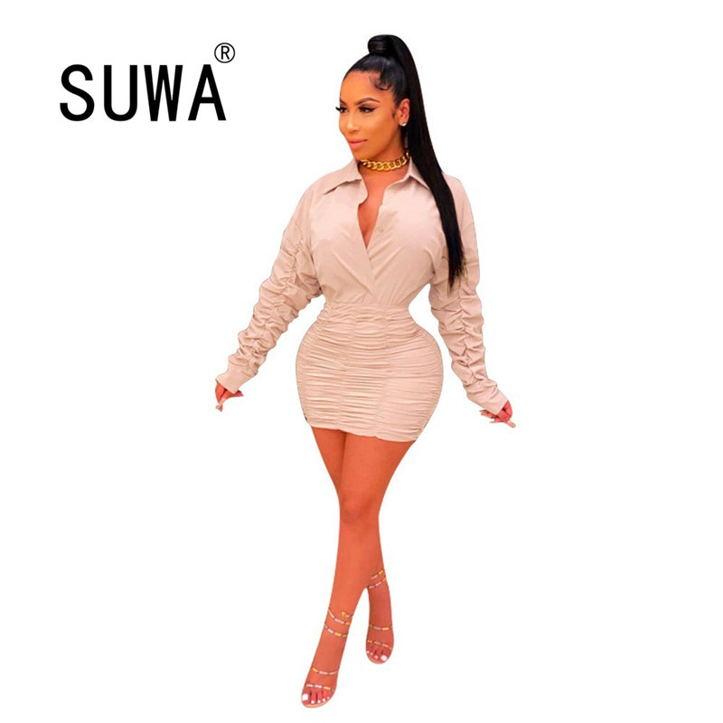 

Office Lady Women Female Ladies Long Sleeve Deep V Shirt Dress Sexy Mini Beach Elegant Party Wholesale 210525, Pink
