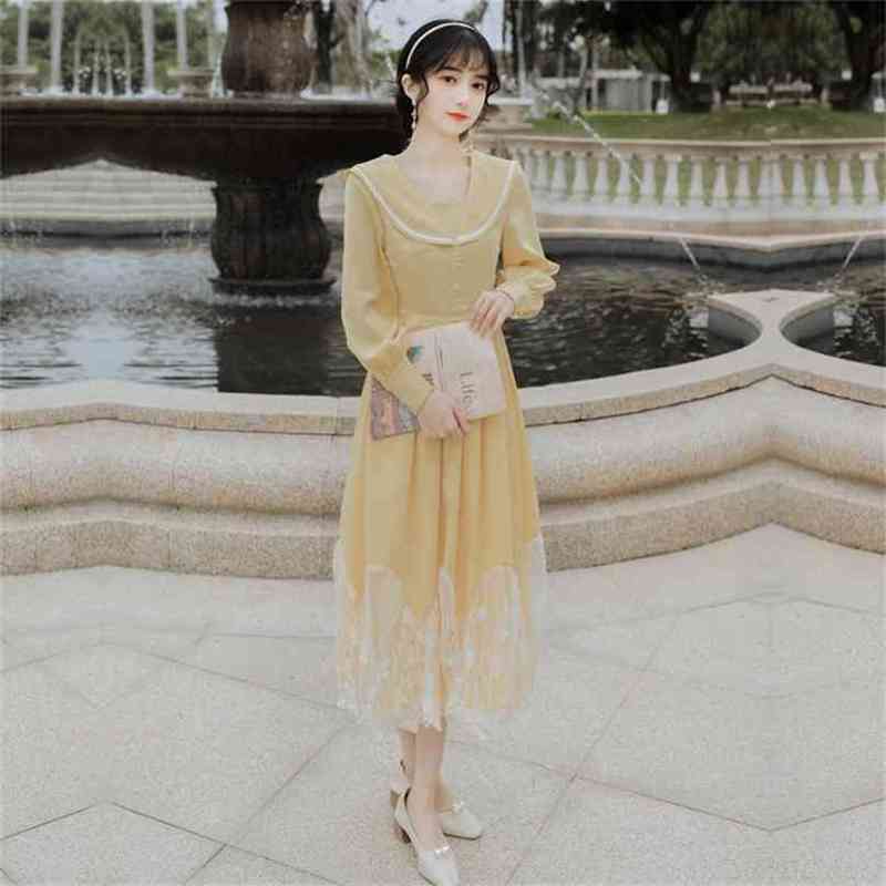 

Midi Vintage Long Women Dress Elegant Mid-calf Sailor Collar Fit and Flare Yellow Vestidos Sleeve Spring 210603, Blue
