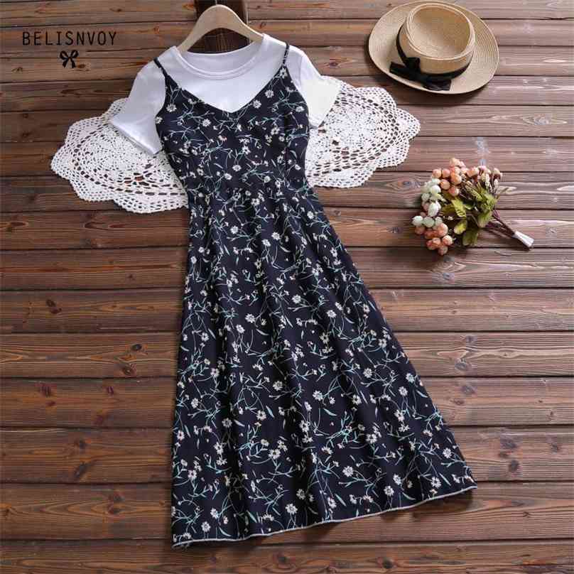 

Women Summer 2 Pieces Set Chiffon V-neck Floral Printed Spaghetti Strap Dress Sundress Preppy Style Casual High Waist 210520, Yellow