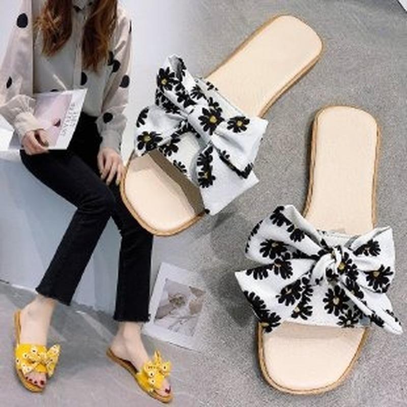 

Slippers 2021 Women's Slipper Sandals Comfortable Non-slip With Flat Soles Bow Decorative Beach Shoes, Beige