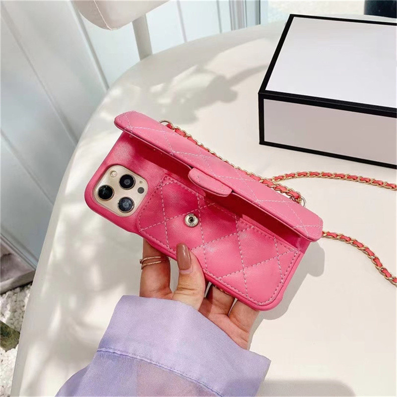 

Credit Card Phone Case Wallet Crossbody Long Chain For iPhone 12 11 promax X XS Max XR lattice texture Cover with trap
