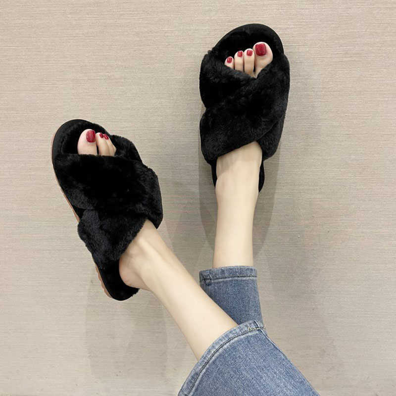 

Hot Women Plush Warm Cotton Home Slippers Ladies Casual Criss-cross Furry Flat Slides Girl Bing Metal Chian Indoor Warm Shoes H0827, As pictute shows
