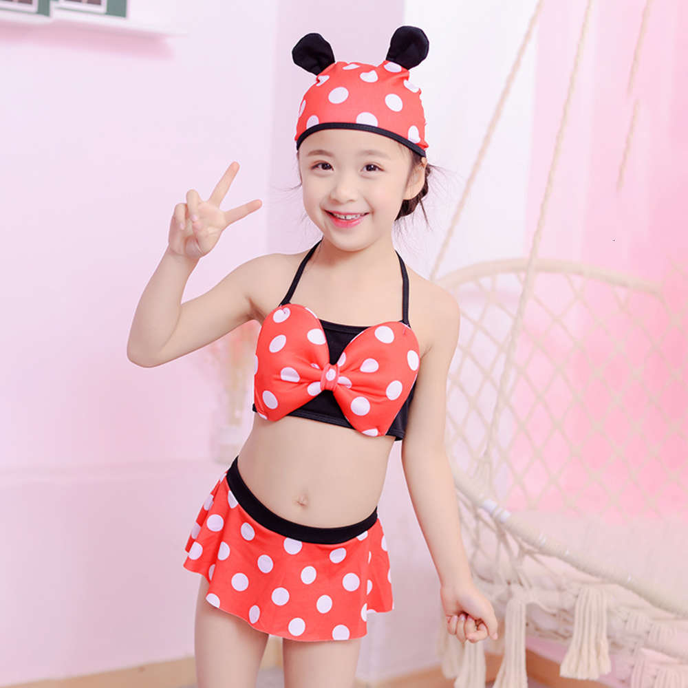 

Children's swimsuit girl's cartoon split cute children's spring swimming trunks suit cap three piece, Blue