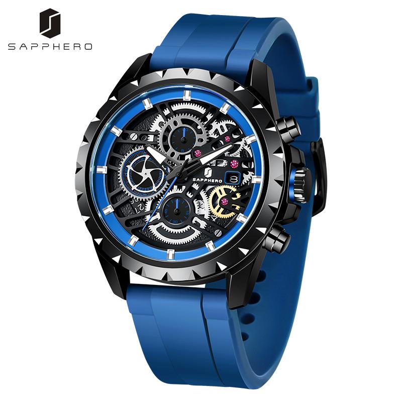 

Wristwatches SAPPHERO Watches For Men Silicone Strap Quartz Movement 100M Waterproof Wristwatch Business Style Elegant Sport Chronograph, Red