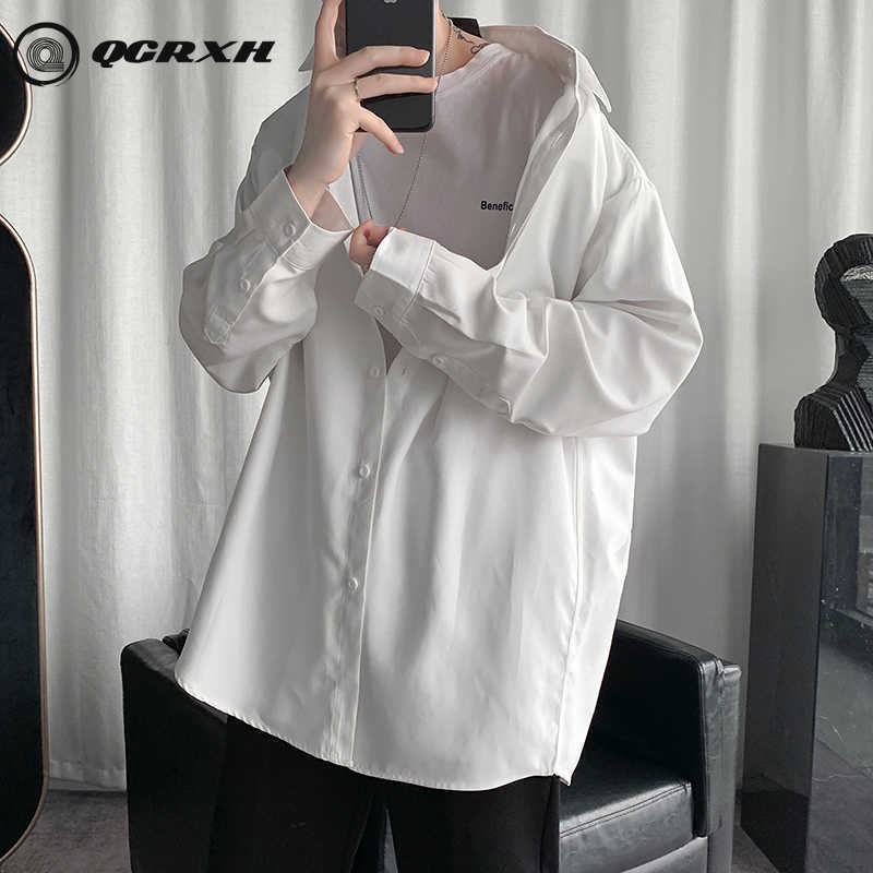 

Casual Button Down Shirts for Men Solid Oversized Long Sleeve Dress Loose Japanese Fashion Streetwear White Pink 210721