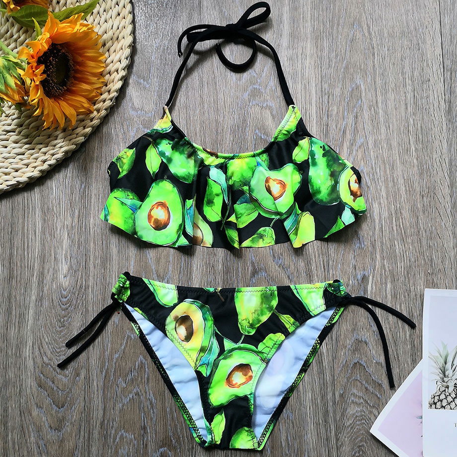 

5-14 Years Girl Swimsuit Kids Tropical Avocado Print Teenage Girl Bikini Set Halter Top Girls Bathing Suits Childrens Swimwear, Green