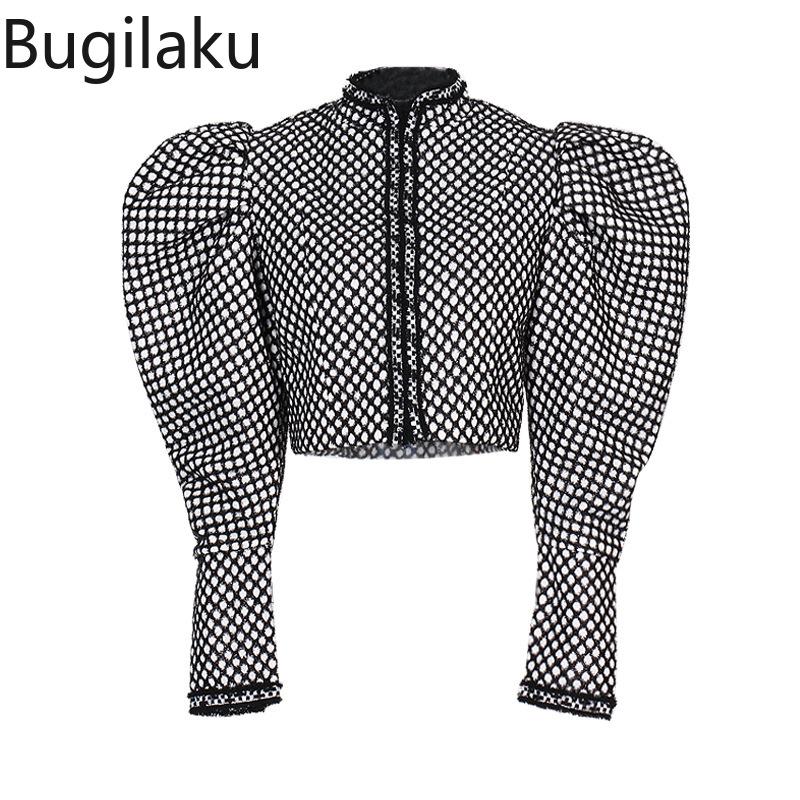 

Women's Jackets Streetwear Plaid O-neck Single Breasted Crop Jacket Women Long Puff Sleeve Short Slim Fit Coats Fashion Casual Chaqueta Muje, Black;brown