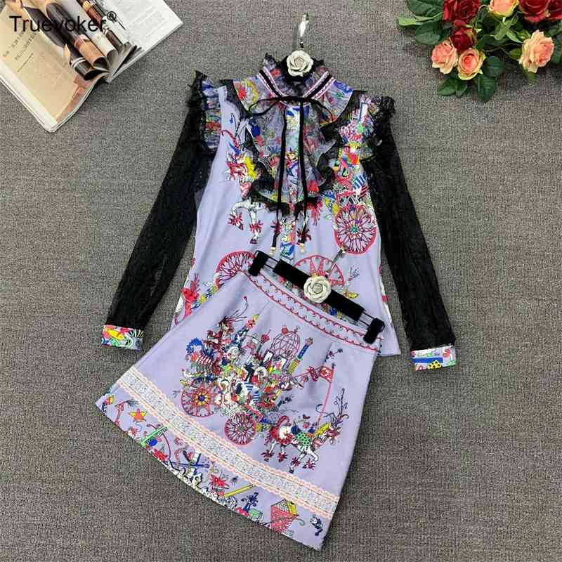 

Truevoker European Runway High Street Lady Skirt Set Women Ehtinc Print Shirt + Waist Handmade Crystal et 210602, Multi