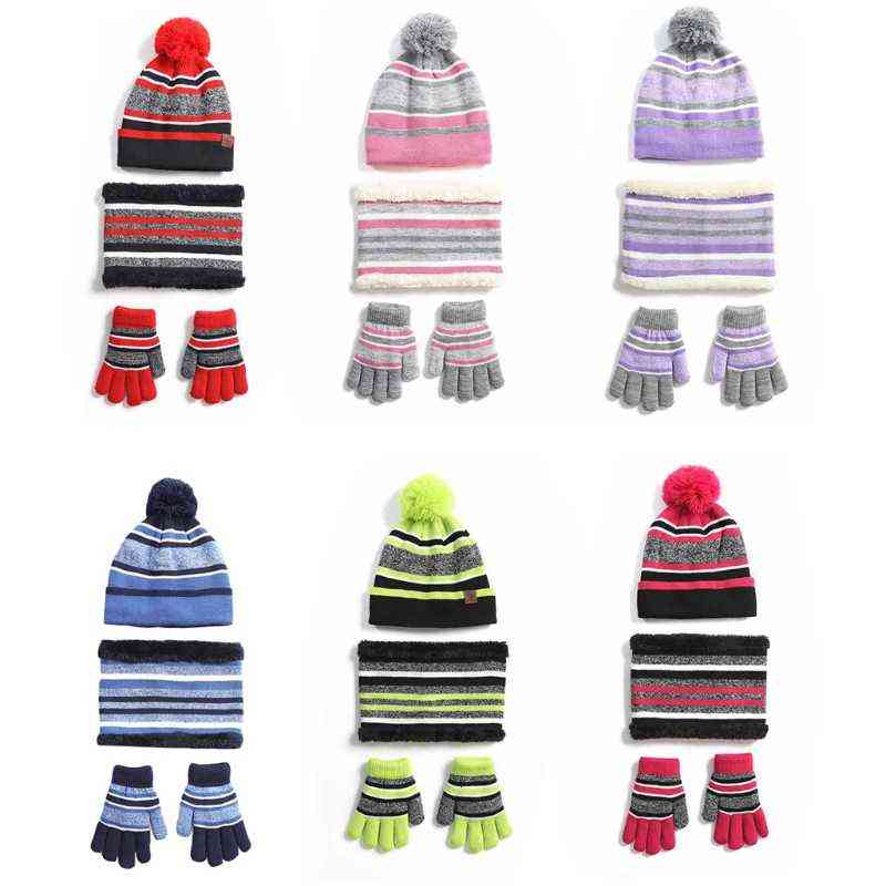 

Kids Winter Knit 3pcs Beanie Hat Scarf Gloves Set Contrast Color Striped Thick Plush Lined Pompom Skull Neck Warmer