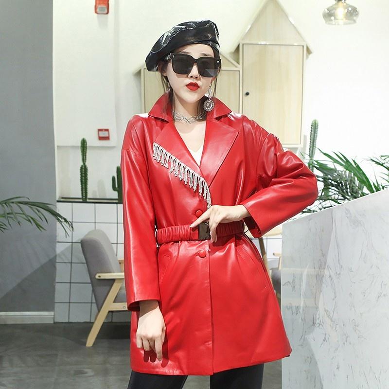 

Women's Leather & Faux Genuine Designer Suit Jacket Women Crystal Tassel Fashion Long Jackets Office Ladies Red White Black Real Sheepskin C
