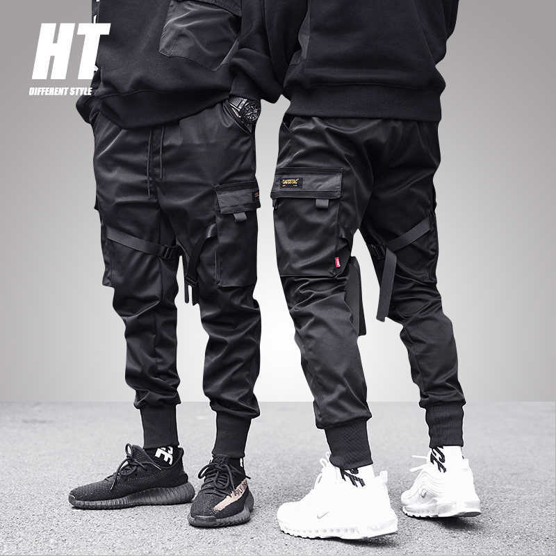 

Hip Hop Cargo Pants Men Black Ribbons Multi-Pocket Harajuku Sweatpant Man Streetwear Joggers Harem Pants Casual Trousers 210603, Cjw314gray