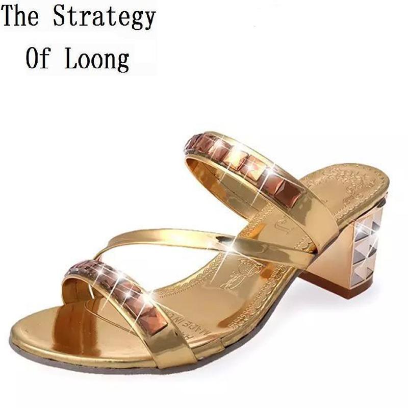 

Thick High Heels Women Crystal Slippers Woman Summer Rhinestones Slides Arrival Fashion Casual Size 35-40 SXQ0605, Black