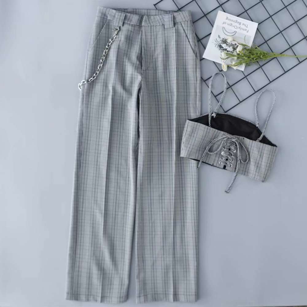 

Zghc9f01204 new sexy bandage short lattice sling bra + high waist chain casual pants suit, Black;white