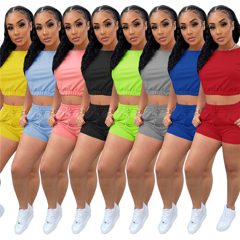 Summer Womens Solid Tracksuits deux pièces Ensembles 2XL Sexy Crop Tops Shorts SweatSuits Tenue de yoga Chemises Mode Casual Capris Vêtements DHL