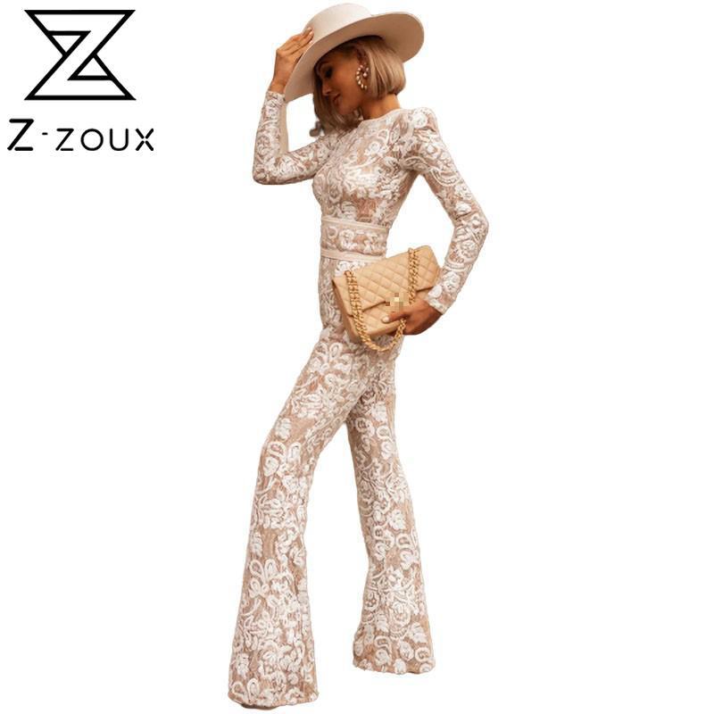 

Women Jumpsuit Temperament Lace Rompers Womens Long Sleeve High Waist Slim White Black Autumn 210524