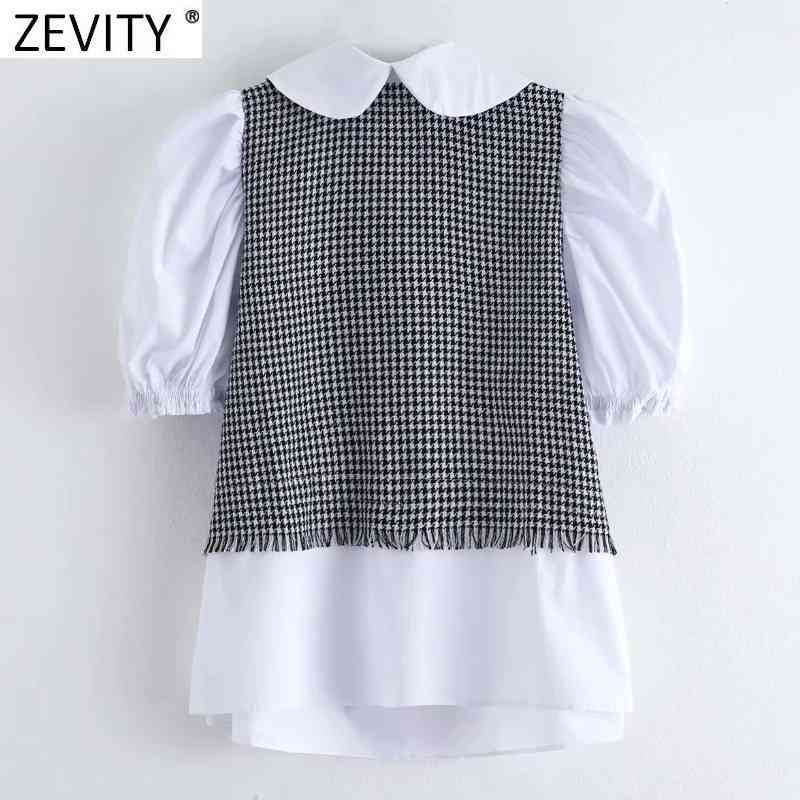 

Zevity Women Vintage Houndstooth Tweed Patchwork White Poplin Blouse Femme Puff Sleeve Smock Shirt Chic Tassel Blusas Top LS9332 210603, As pic ls9332fd