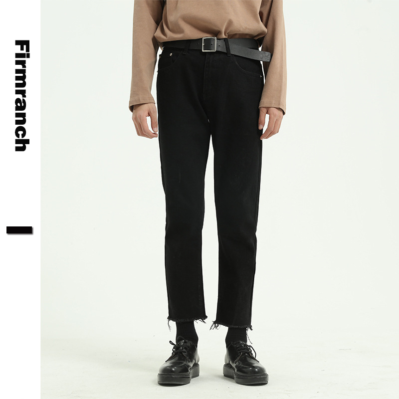 

Firmranch Spring Men/Women Black Casual Slimming Japanese Jeans Pencil Straight Trousers Rough Selvedge Ninth Pants