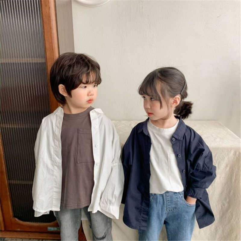 

Spring children solid color loose shirt boys and girls turn-down collar fashion shirts Tops 210615, Navy