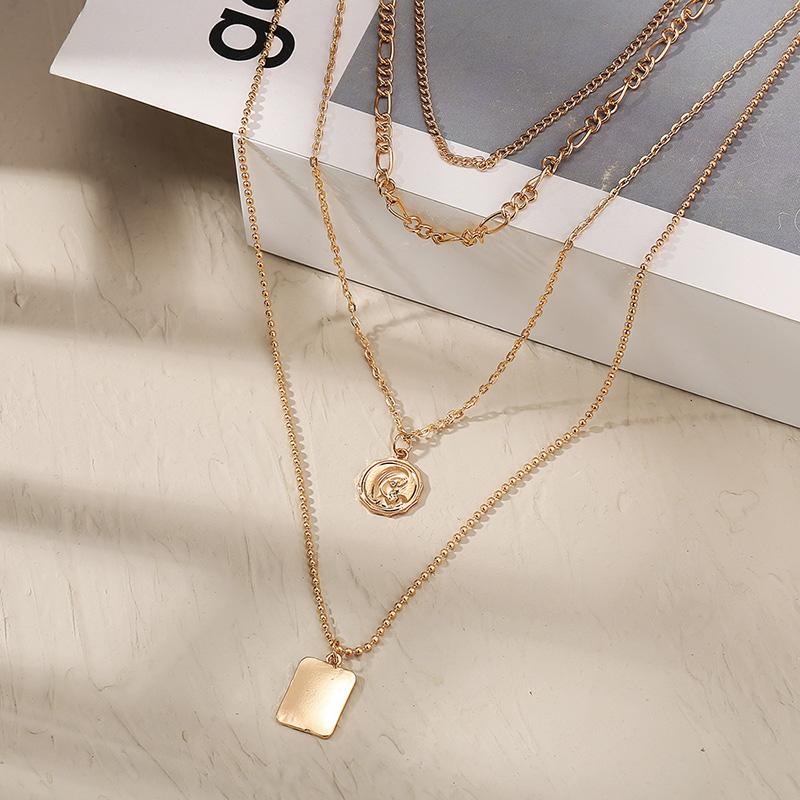 

Pendant Necklaces Womens Vintage Geometric Sequin Round Head Portrait Square Multilayer Gold Chains Necklace Collars Jewelry, Silver