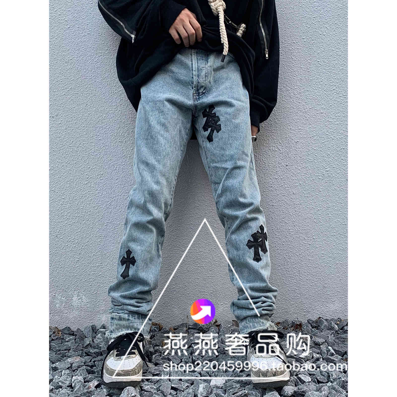 

Brand Chrome Fashion Hearts Croheart Straight Cross Versatile High Street Jeans for Men and Women, Blue