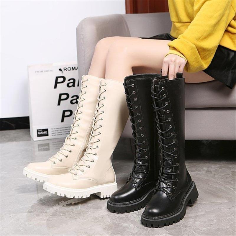 

Boots Winter Korean Knee High Women Round Toe Side Zip Shoes Thick Heel Fashion Lace Up Knight Long Black Beige 35-43