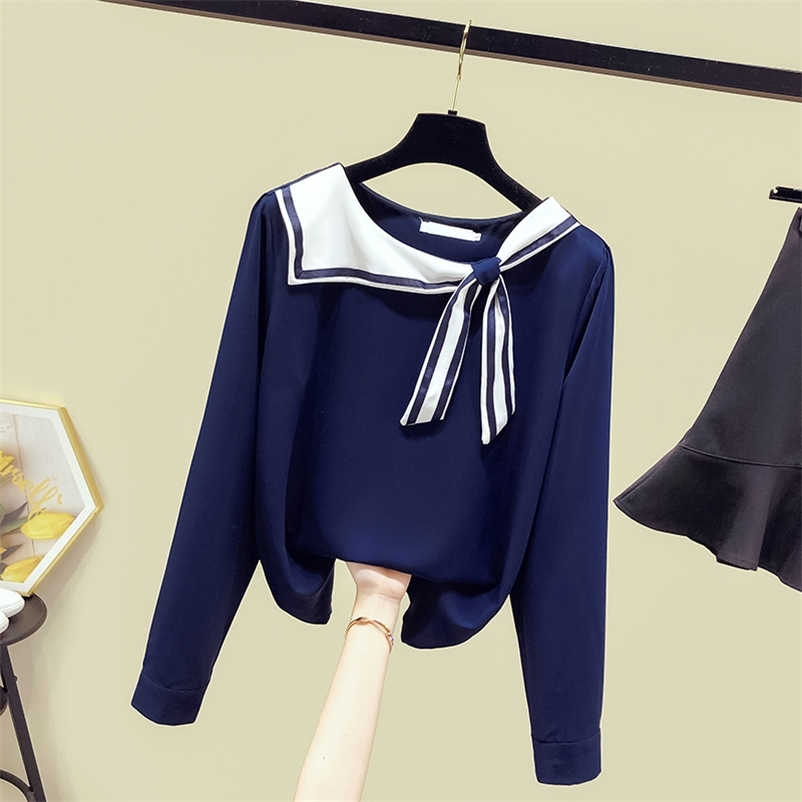 

Woman Shirts Autumn Women's Striped Sailor Bow Collar Long Sleevese Girls Students Tops Ladies Blouses A3822 210519, Beige