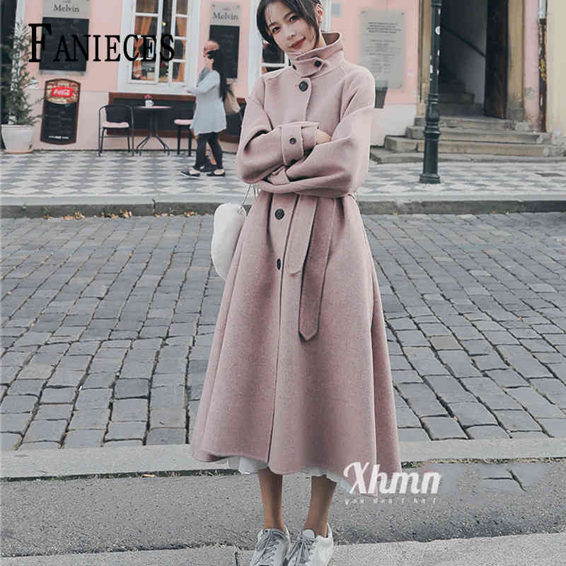 

Autumn Winter Women' Coat Long Sleeve Lapel Woolen Cardigan Warm Midi Trench Single-breasted jacket manteau femme 210520, Gray