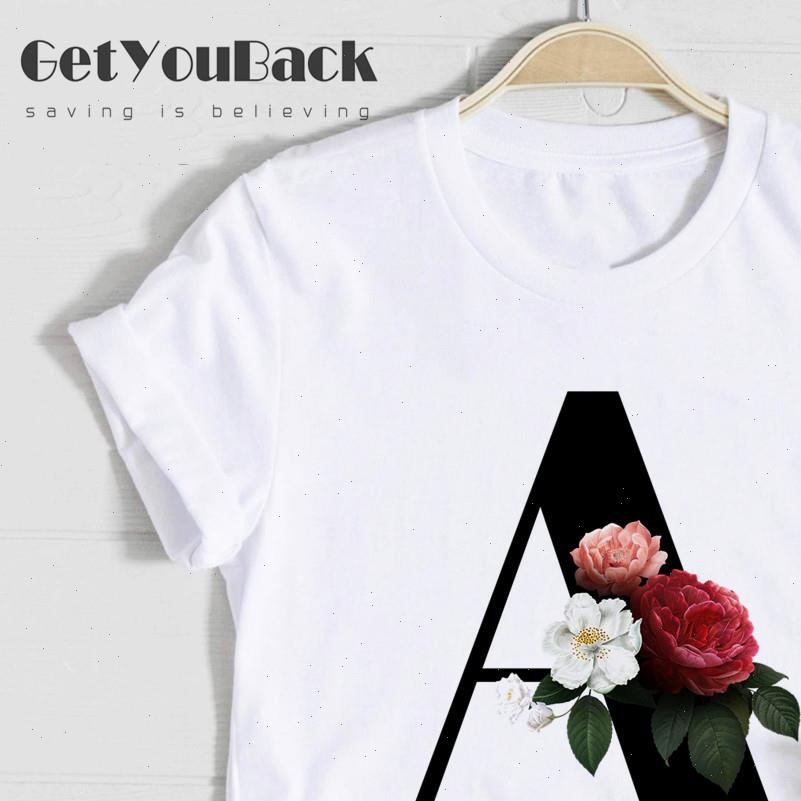

Women T Shirt 26 Alphabet Letter Girl A To Z Combination Flowers Short Sleeve Casual Korean Style Tops Female Clothes, White