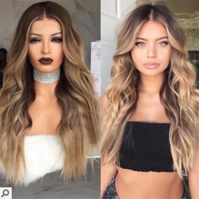 

chemical 2018 fiber female brown yellow long curly wig, Red