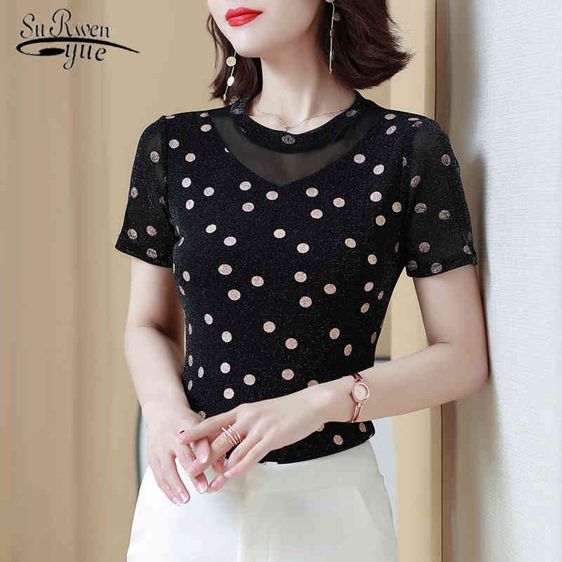 

Casual Polka Dot Mesh Tops Plus Size 4XL Pullover Print Clothes Women Summer Short-Sleeve Shirts Blusas 9157 50 210521, Photo
