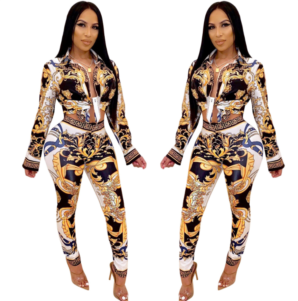 

Women's Tracksuits Women Vintage Printed Sweater Shirts Set Casual Shirt Tops jackets Pants Women Two Piece Sets Lady Clothing Mujer, Yellow