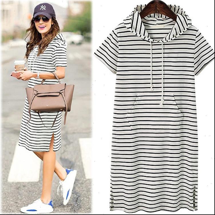 

european and womens dress american style large size striped knit hooded short sleeve long section split, Black;gray