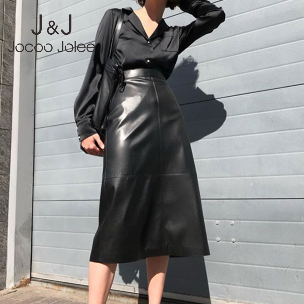 

Vintage Harajuku PU Faux Leather Midi Skirts Women Elegant High-Waisted Skirt Office Lady Casual Solid Long Skirt 210518, As photo