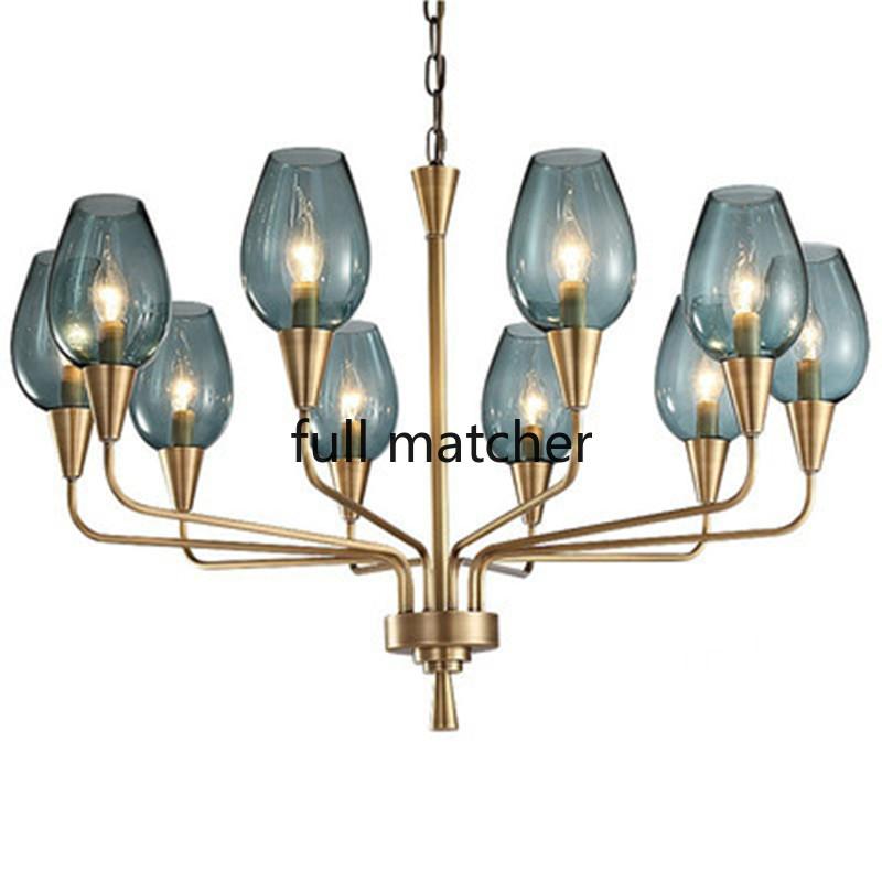 

Nordic Full Copper Living Room Pendant Lights Post Modern Simple Bedroom Blue Glass Lampshade American Style Light Luxury Lamp Lamps