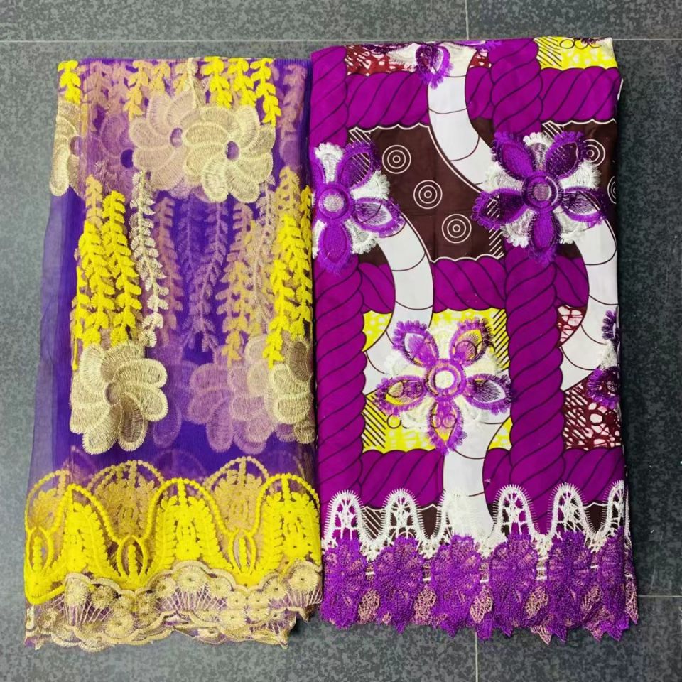 

6Yards Beautiful Cotton Fabric Printed Pattern And African Water Soluble Match 2Yards French Net Lace For Dressing LG19
