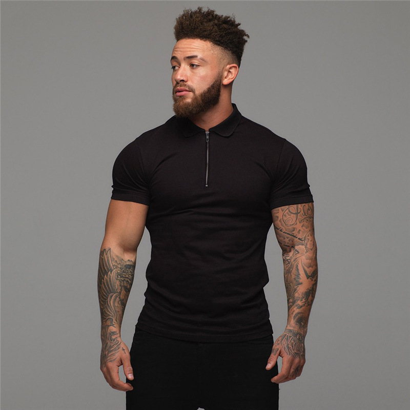 

Man Polo Shirts Casual Fashion Plain Color Short Sleeve High Quality Slim Shirt Men Fitness homme, Dark blue