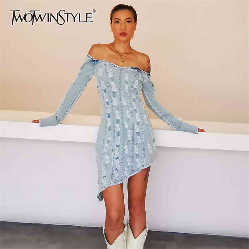 

Patchwork Hole Denim Dress For Women Slash Neck Long Sleeve High Waist Streetwear Mini Dresses Female Fall 210520, Blue