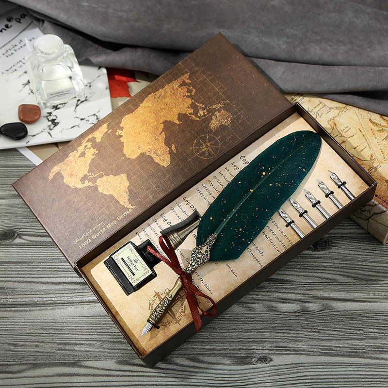 

vintage luxury set fountain sprinkling gold feather pen student calligraphy writing dip birthday gift 5 nib quill