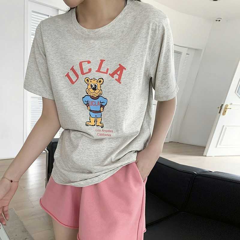 

Short Sleeve Cartoon Tee T-shirt Female Spring/summer Letter Bear Loose O-Neck Printed Tops 210607, White