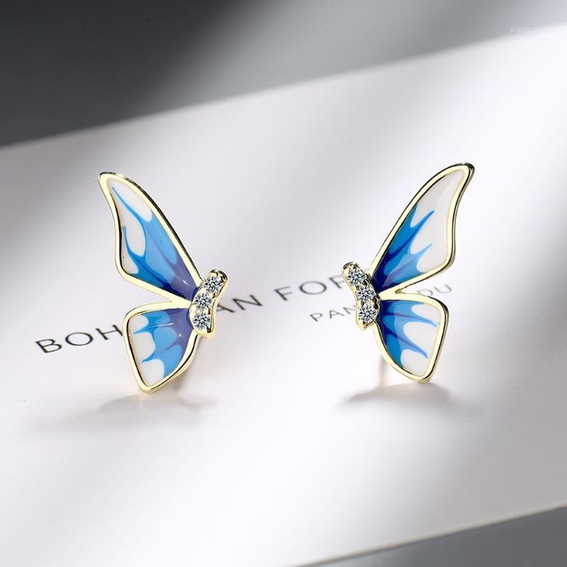 

Stud 2022 Trend Boho Style Enamel Blue Butterfly Earrings For Women Elegant White Zircon Earring Jewelry Accessories, Golden;silver