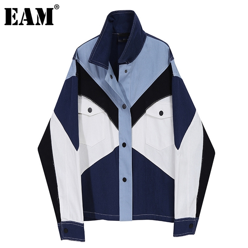 

[EAM] Loose Fit Blue Conrtast Color Big Size Denim Jacket Lapel Long Sleeve Women Coat Fashion Spring Autumn 1DB903 211109, Picture color
