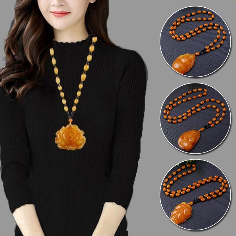 

Pendant Necklaces 1PCS Women's Fashion Beeswax Long Water Drops Ethnic Style Retro Amber Old Wax Wild Jewelry Sweater Chain S78