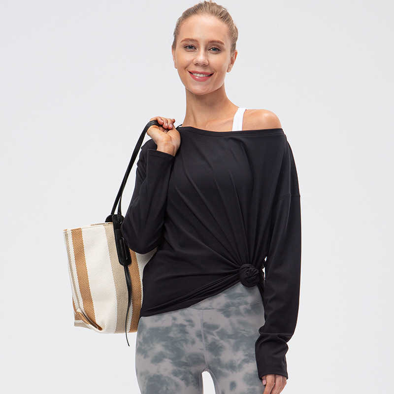 

Women's One Line Neck Tops Sports Long Sleeve Loose Nude Yoga Clothes Fitness Running Top Workout Casual Gym Shirt, Jiang purple