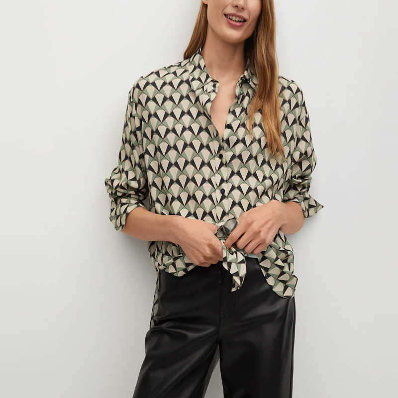 

Za Geometric Print Shirt Women Long Sleeve Lapel Collar Vintage Office Lady Shirts Woman Chic High Street Casual Slim Top 210602, As picture